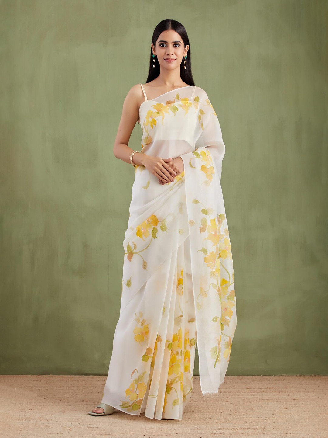 

Geroo Jaipur Floral Printed Organza Saree, Off white