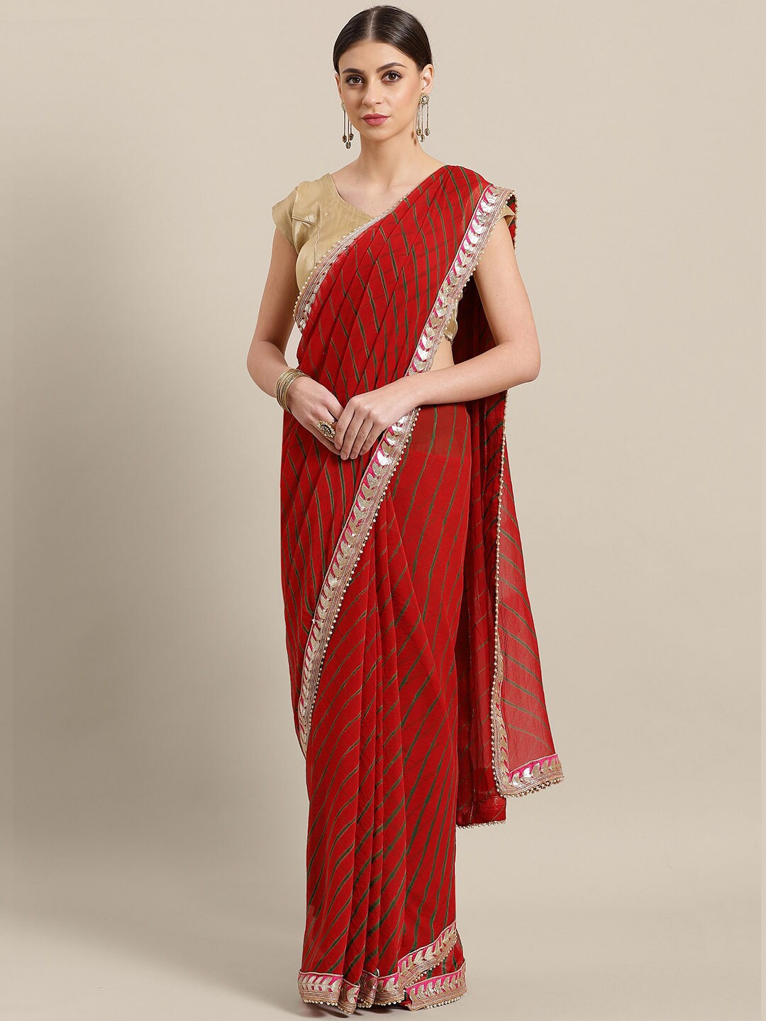

Geroo Jaipur Printed Gotta Patti Leheriya Saree, Red