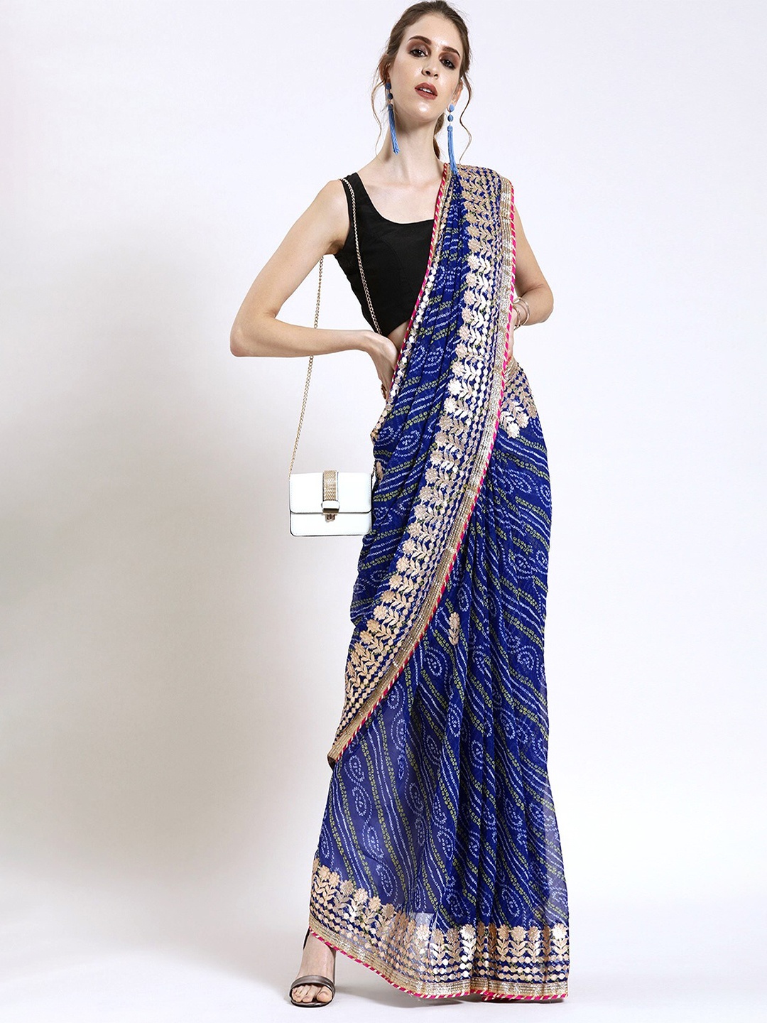 

Geroo Jaipur Printed Gotta Patti Georgette Bandhani Saree, Blue