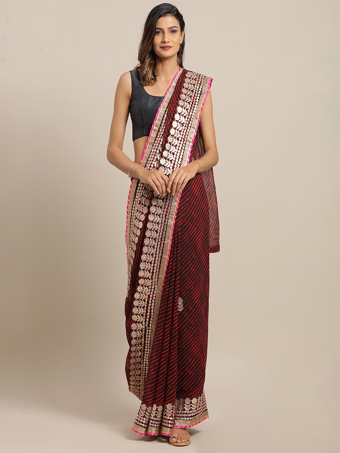 Geroo Jaipur Leheriya Gotta Patti Poly Georgette Leheriya Saree, Maroon