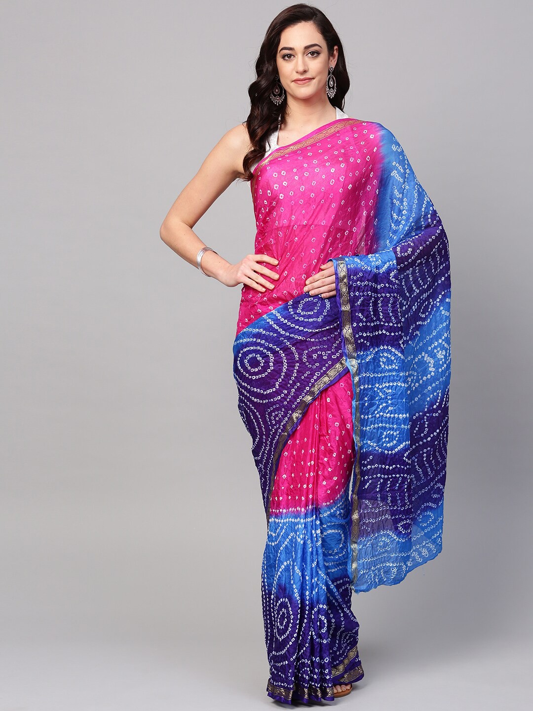 

Geroo Jaipur Bandhani Printed Zari Art Silk Bandhani Saree, Blue