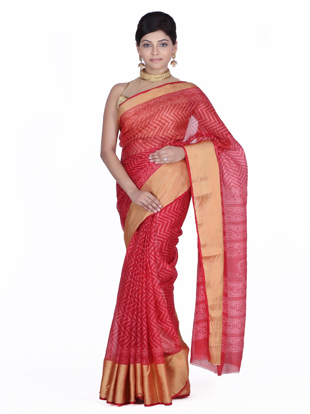 

Geroo Jaipur Geometric Printed Zari Art Silk Kota Saree, Red