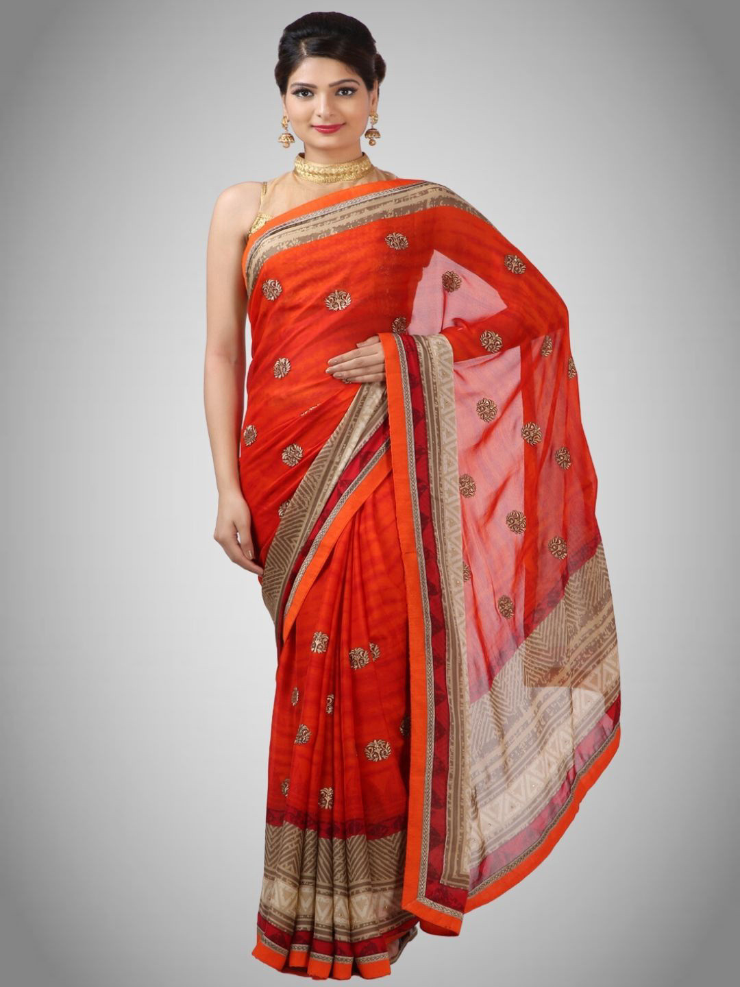 

Geroo Jaipur Floral Embroidered Saree, Red