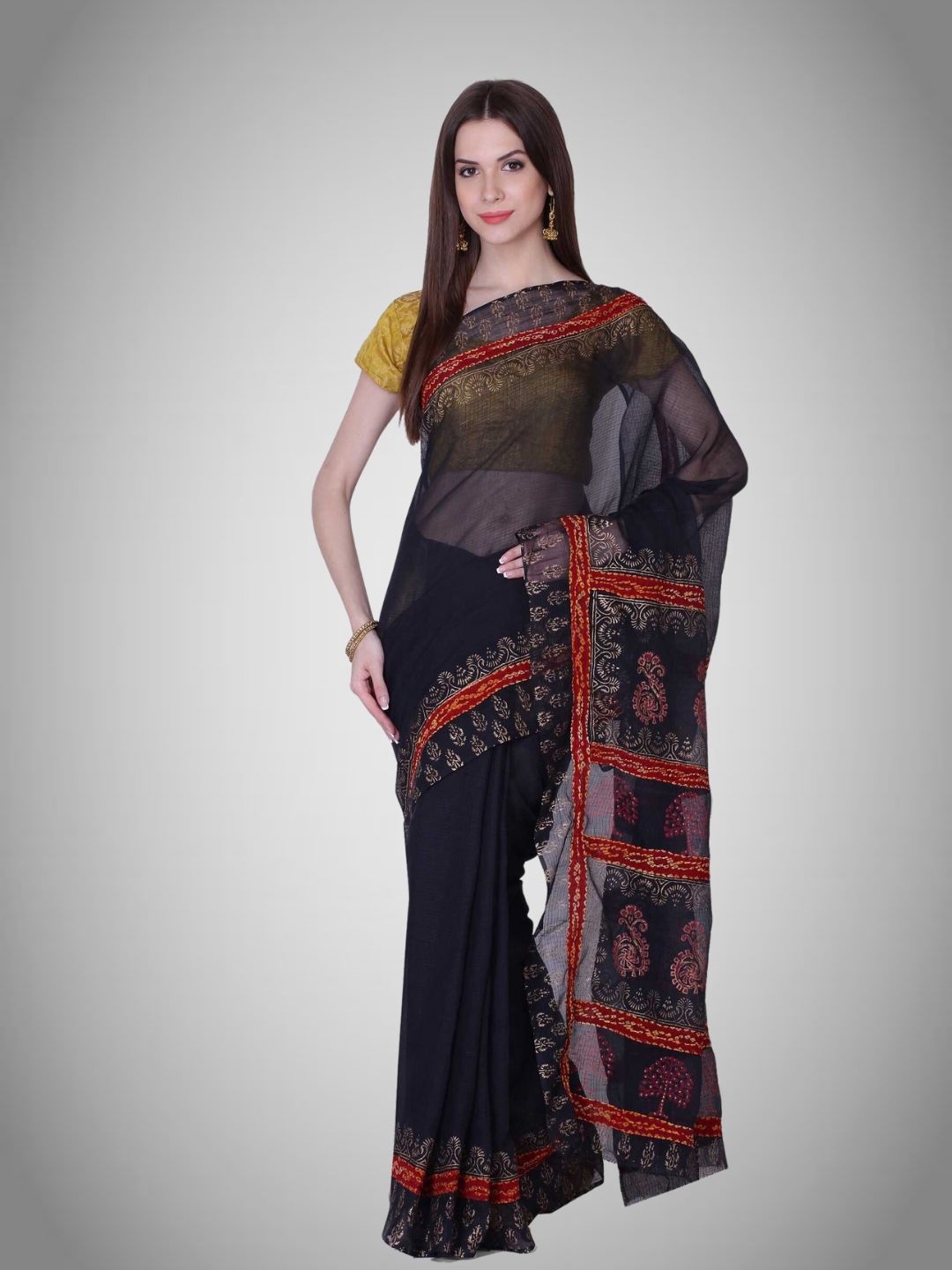 

Geroo Jaipur Ethnic Motifs Embroidered Kota Saree, Navy blue