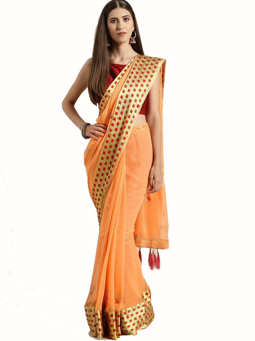 

Geroo Jaipur Ethnic Motifs Embroidered Zari Detailed Saree, Orange