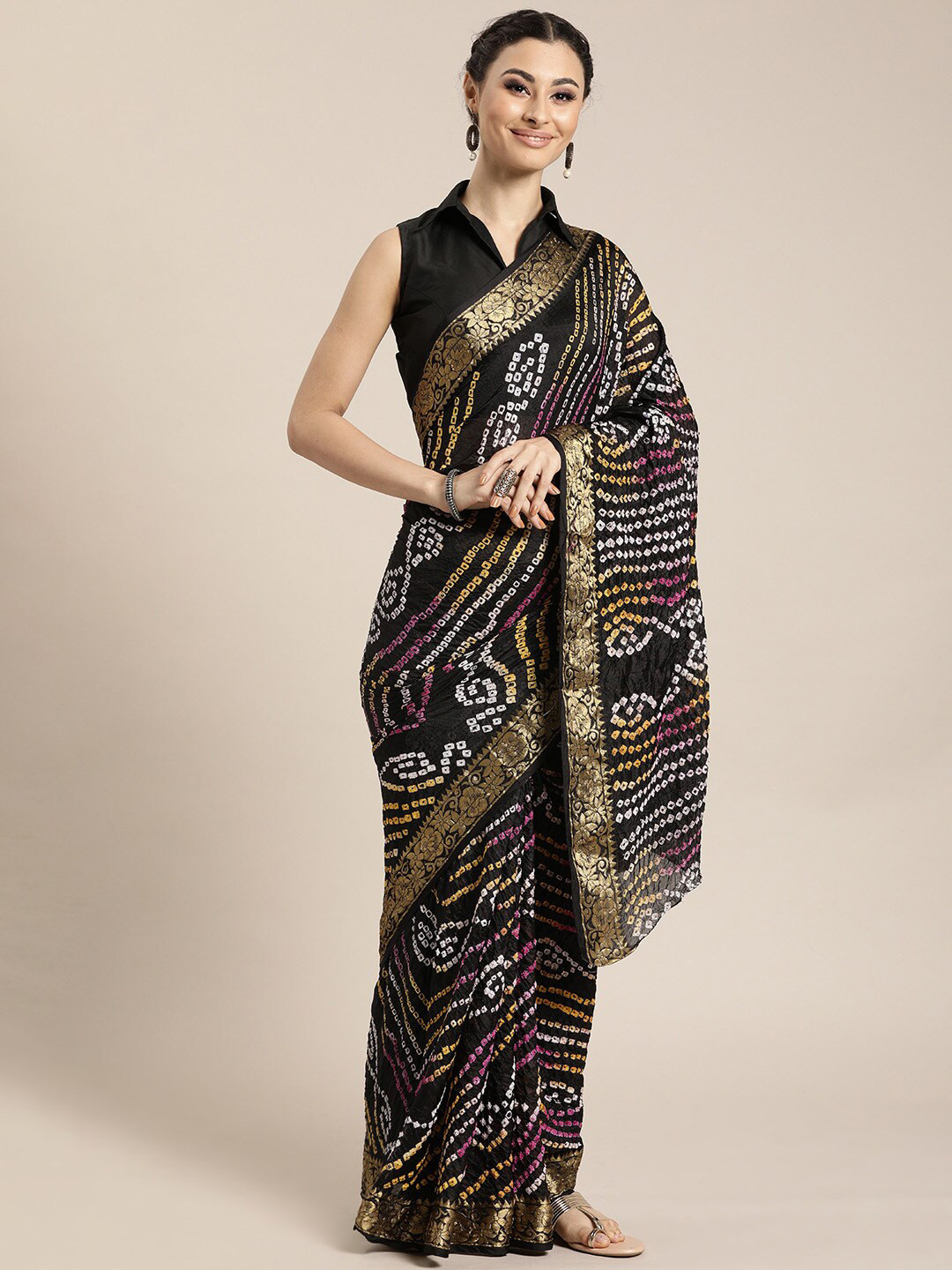 

Geroo Jaipur Bandhani Printed Zari Detailed Bandhani Saree, Black