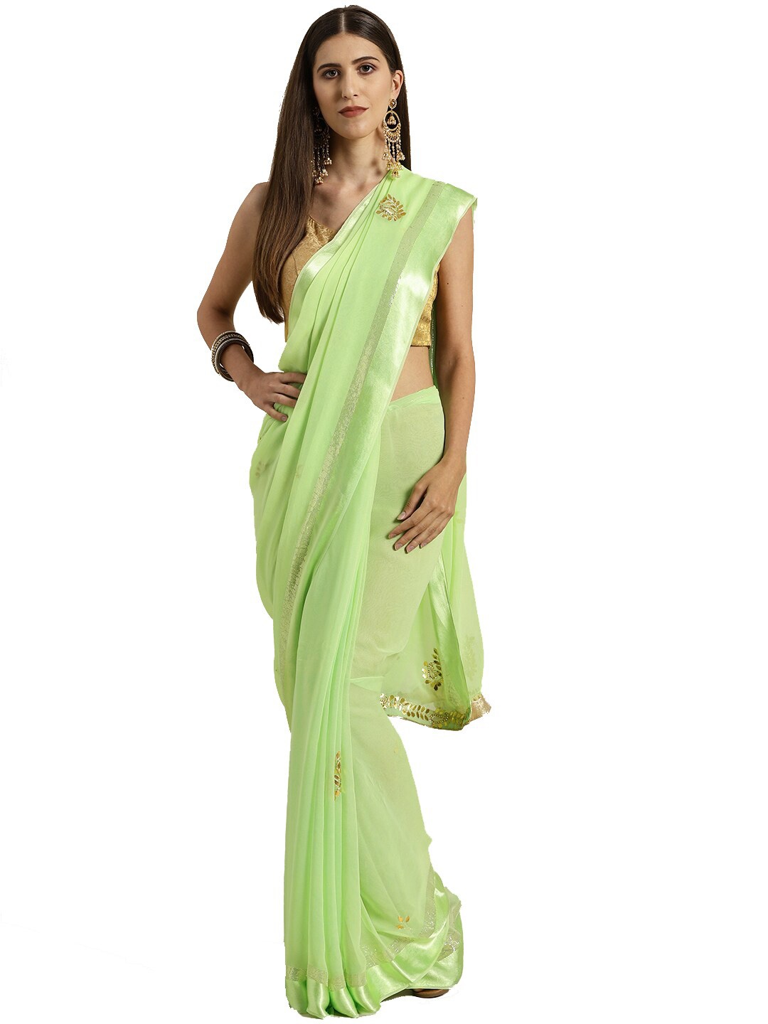 

Geroo Jaipur Ethnic Motifs Embellished Zari Detailed Saree, Green