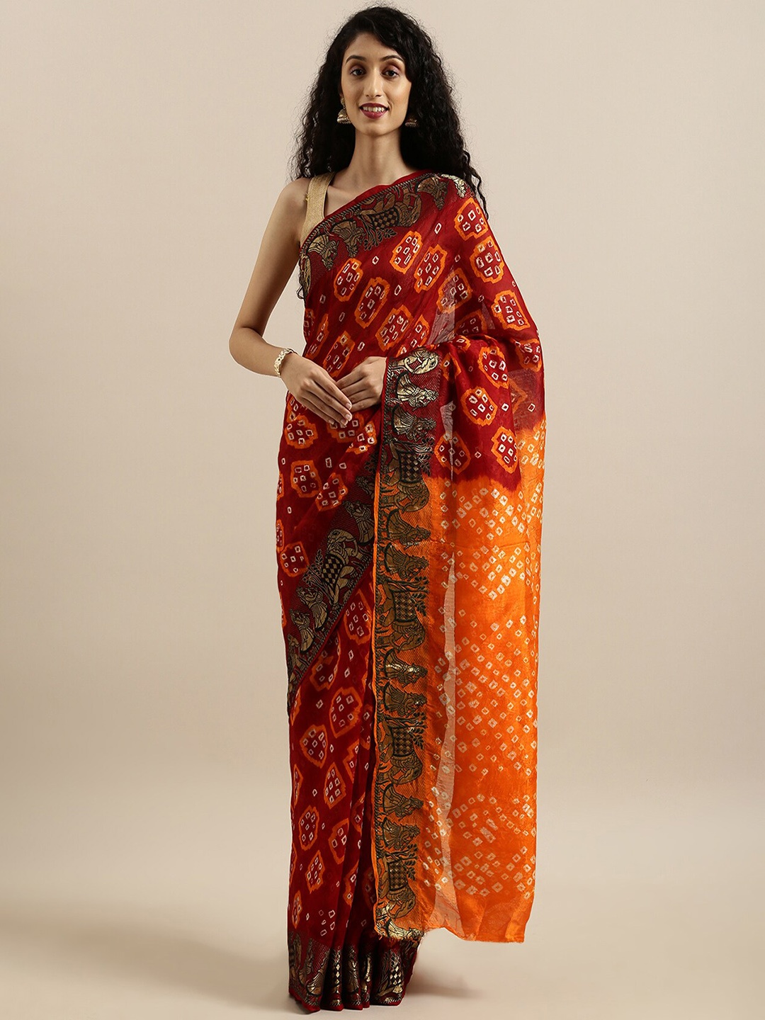 

Geroo Jaipur Bandhani Printed Zari Detailed Bandhani Saree, Maroon