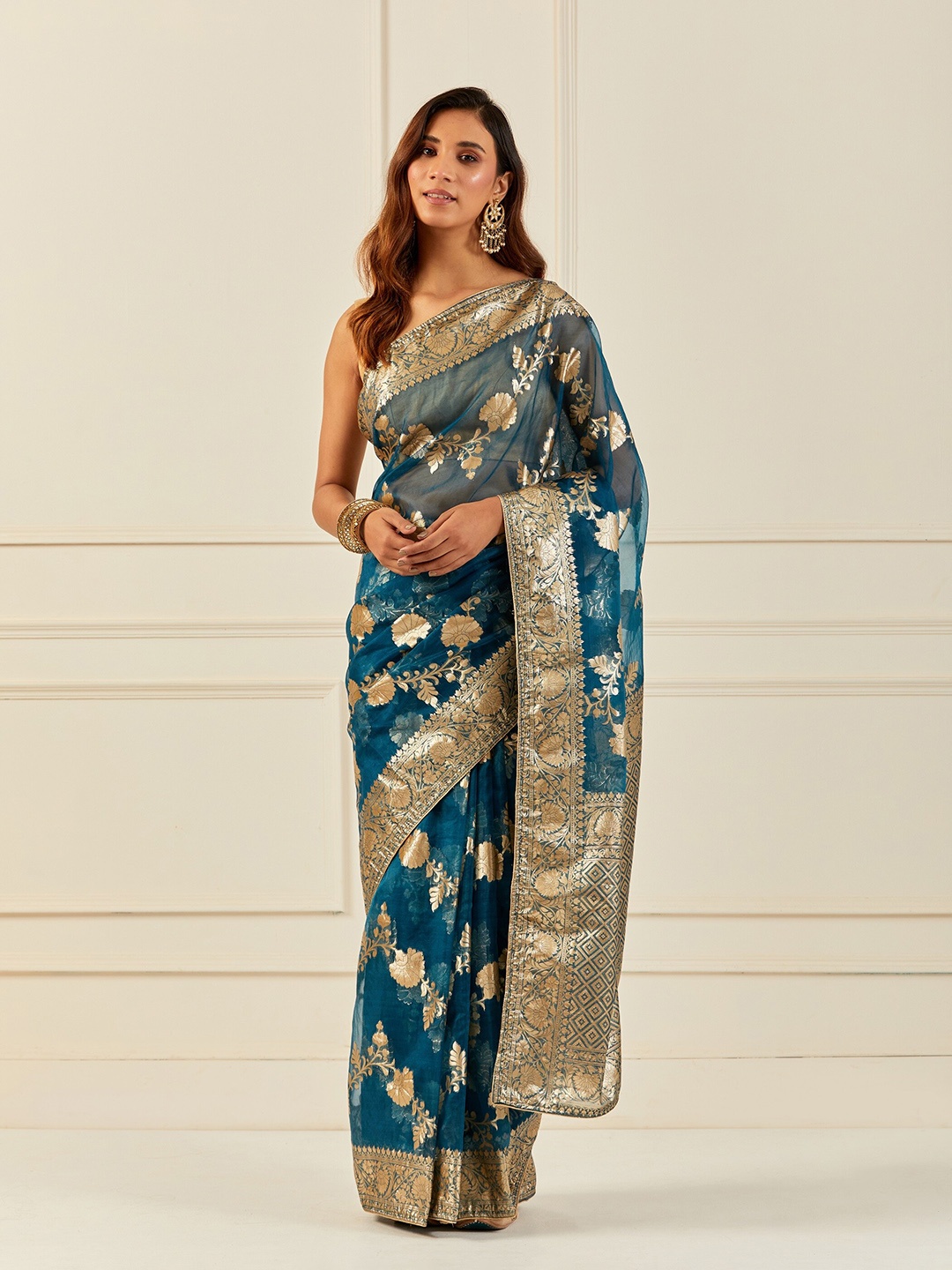 

Geroo Jaipur Floral Woven Design Zari Organza Banarasi Saree, Blue