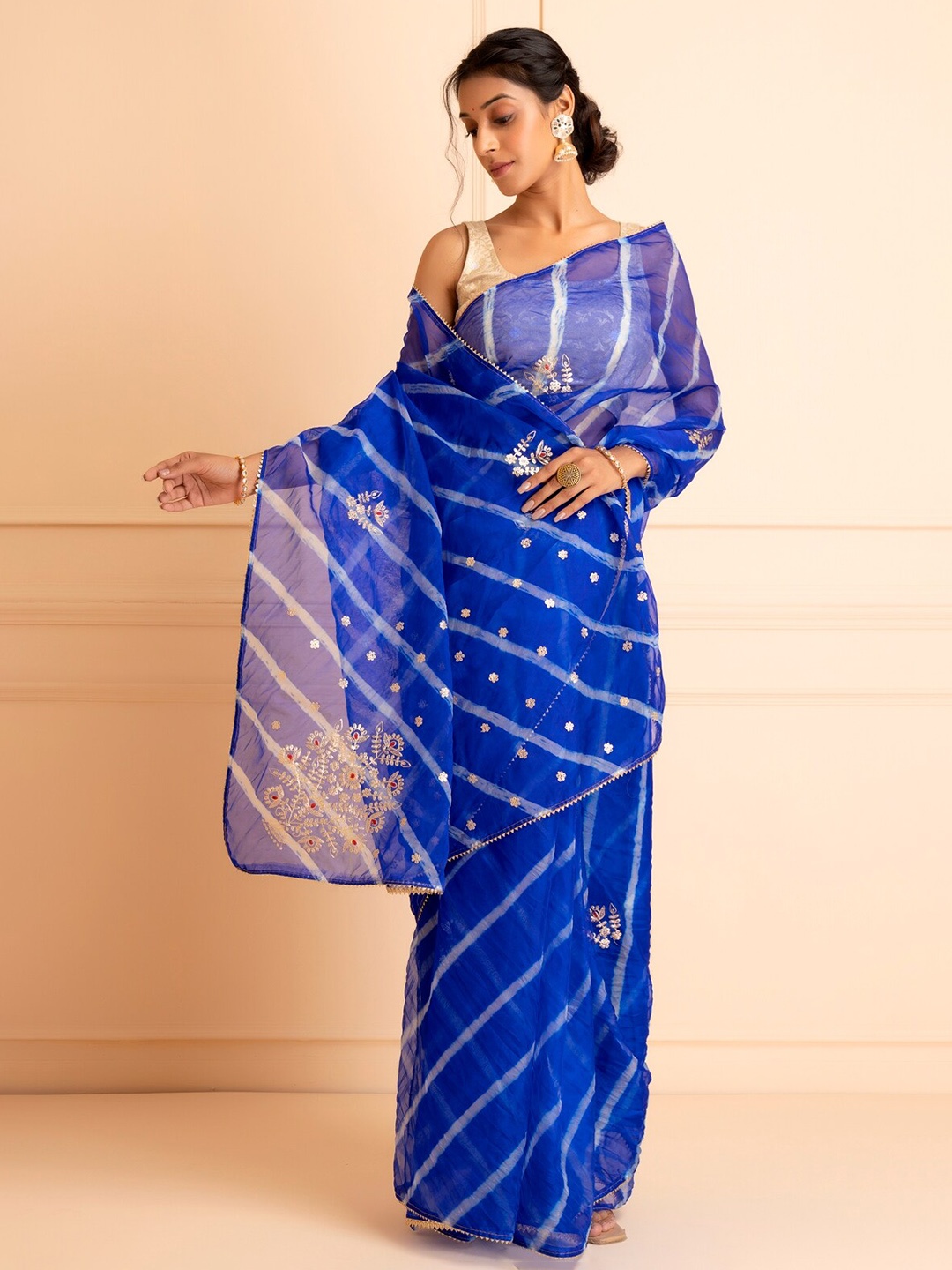 

Geroo Jaipur Ethnic Motifs Embroidered Organza Leheriya Saree, Blue