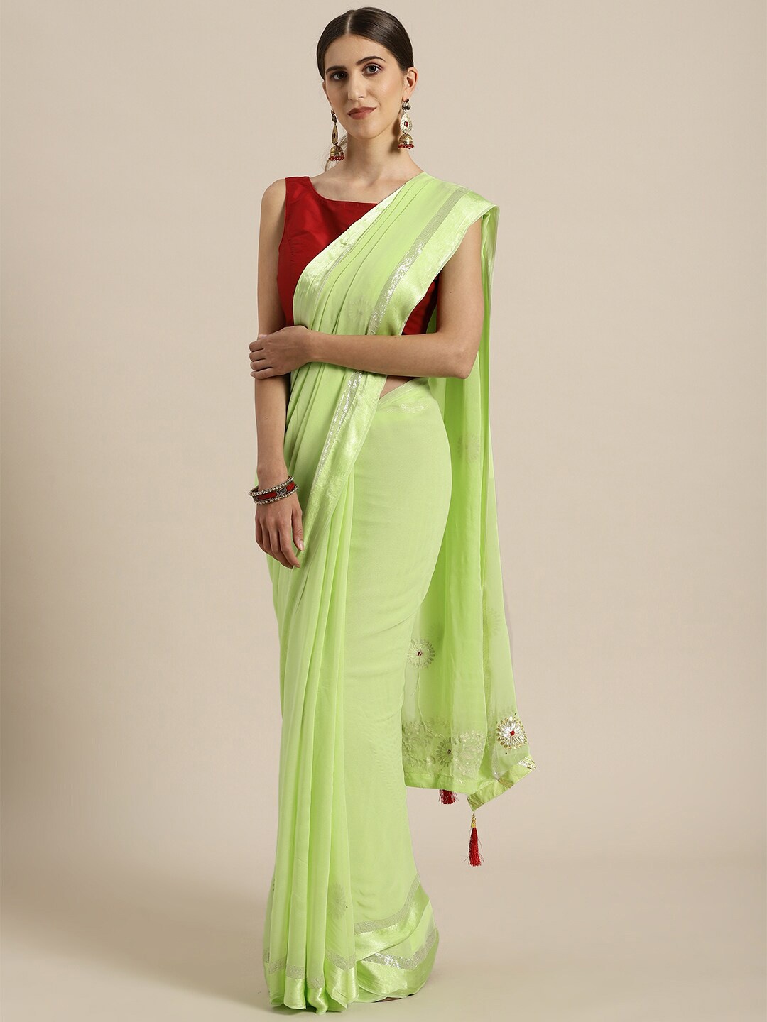 

Geroo Jaipur Embroidered Zari Saree, Lime green