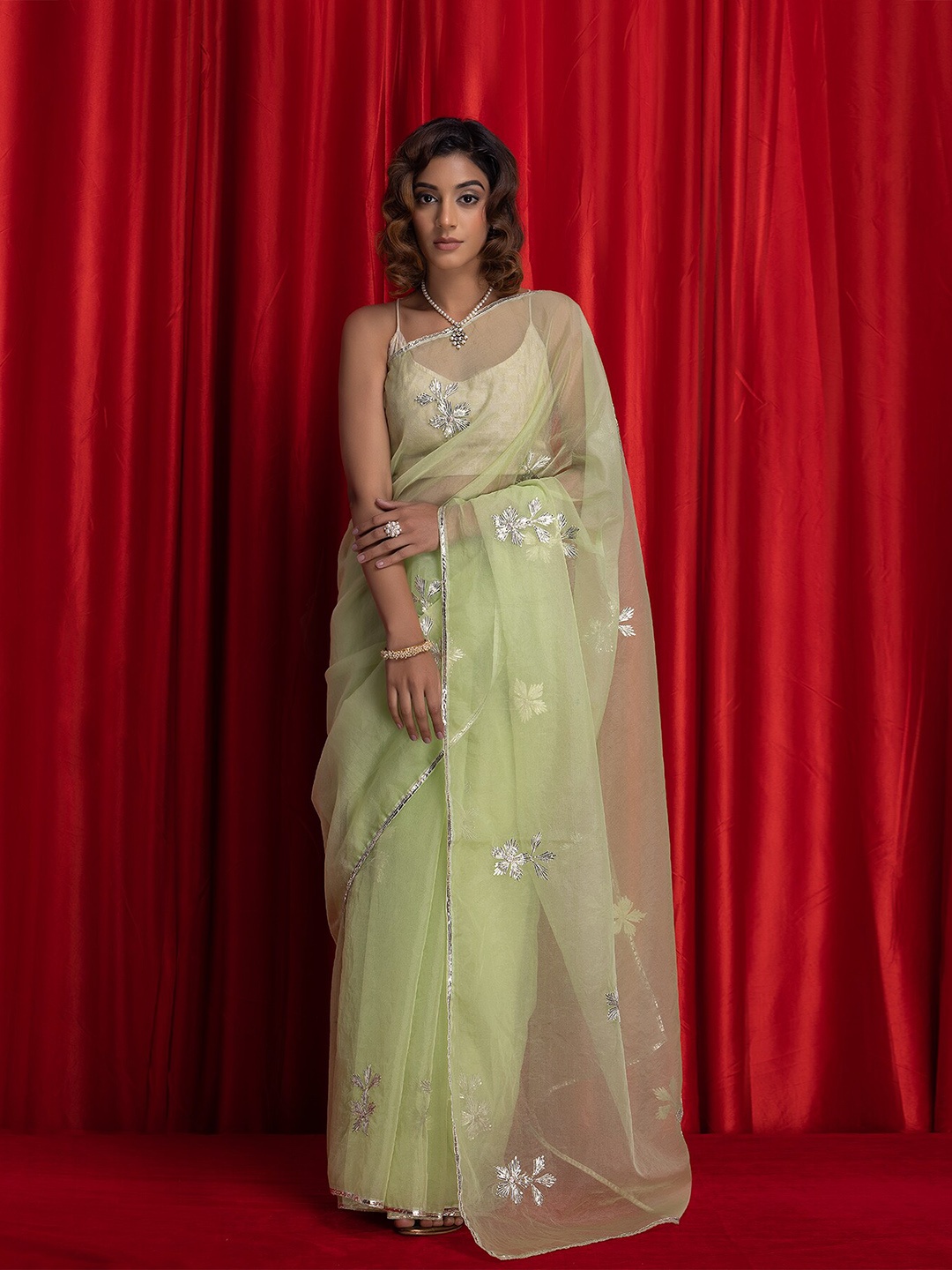 

Geroo Jaipur Floral Embroidered Gotta Patti Organza Saree, Sea green