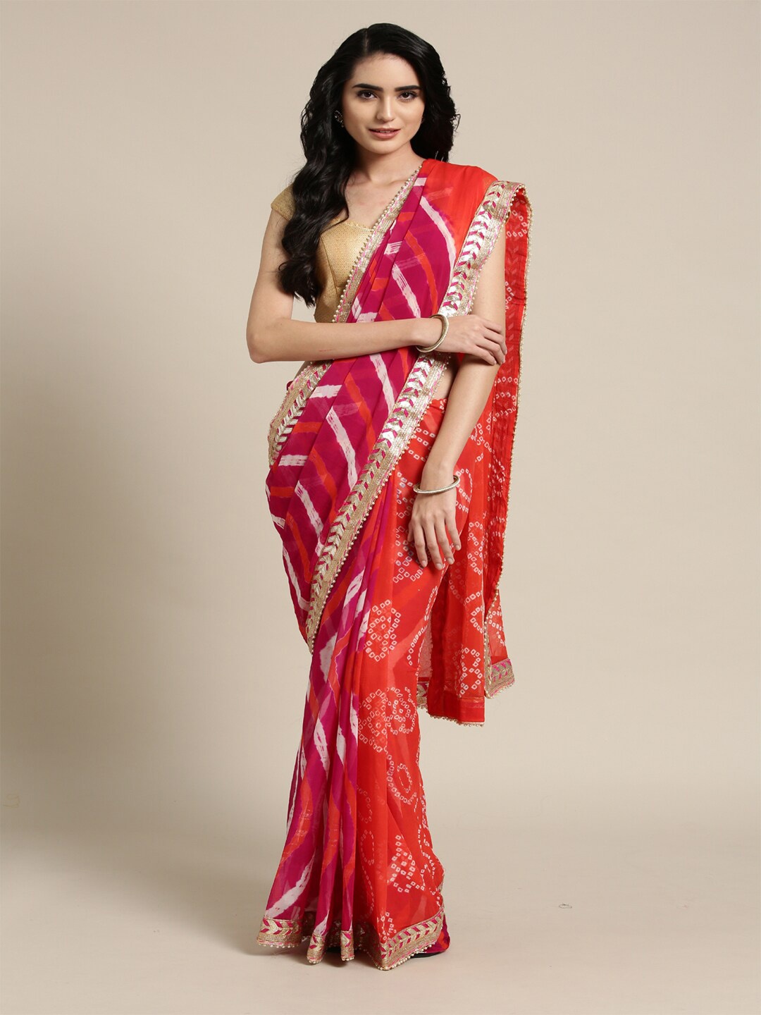 

Geroo Jaipur Bandhani Printed Gotta Patti Leheriya Saree, Orange