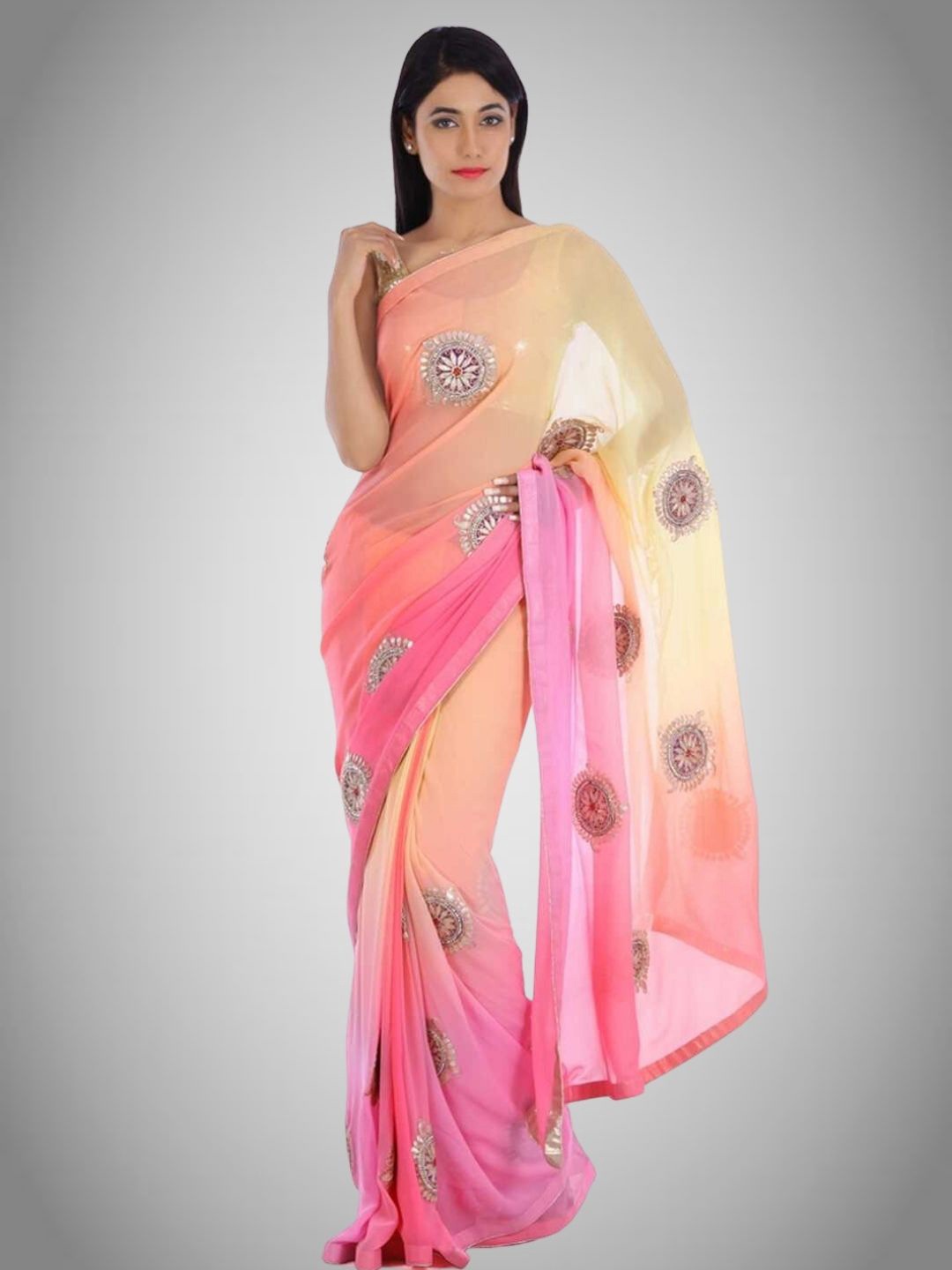 

Geroo Jaipur Floral Embellished Beads And Stones Pure Georgette Saree, Pink