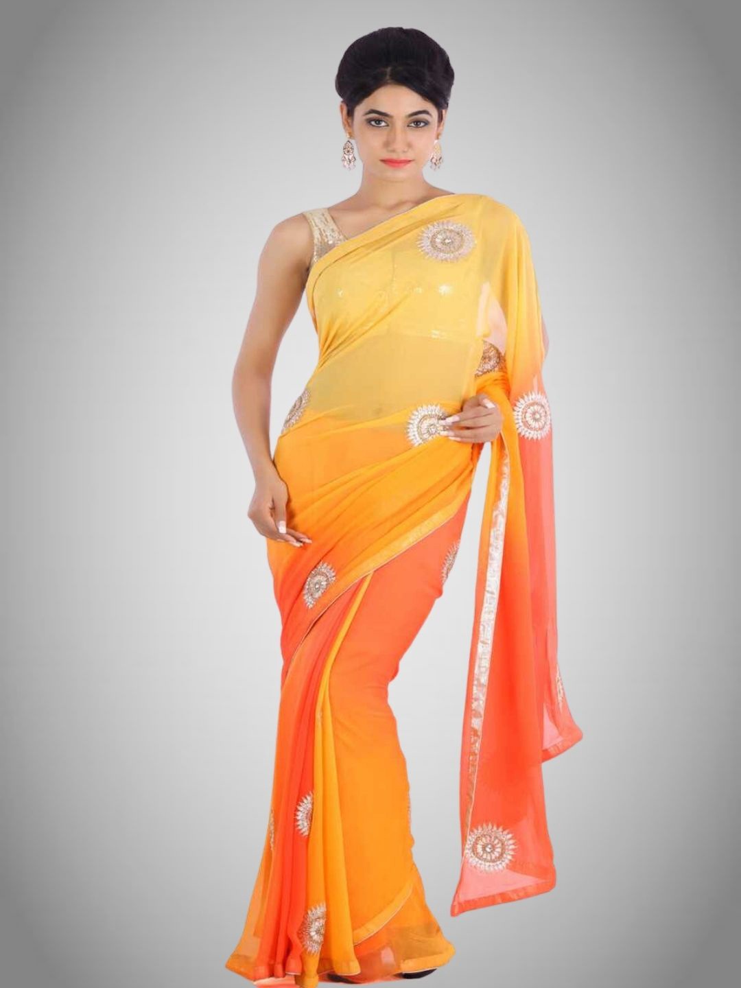 Geroo Jaipur Floral Embroidered Gotta Patti Pure Georgette Saree, Yellow