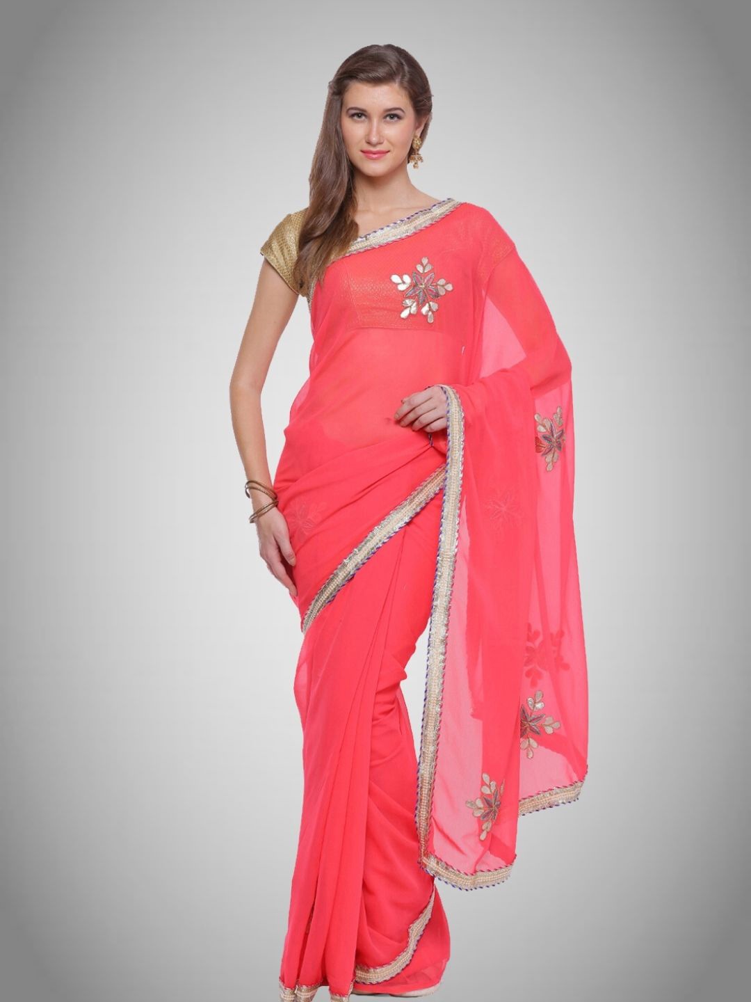 

Geroo Jaipur Ethnic Motifs Embroidered Sequinned Saree, Coral