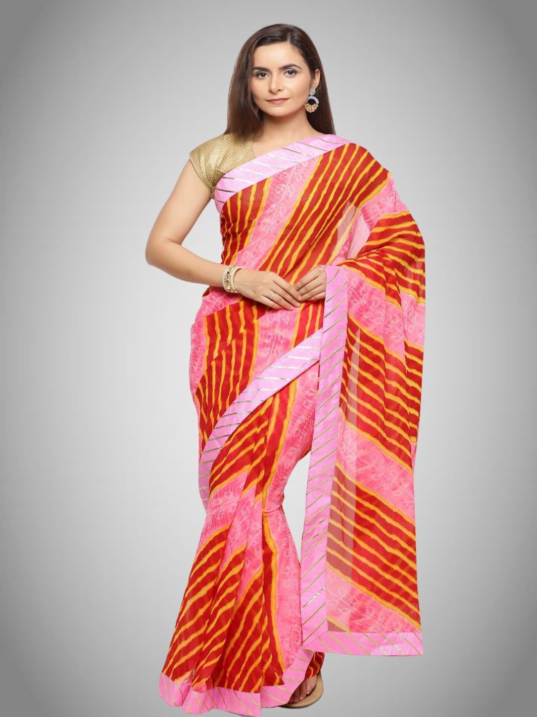 

Geroo Jaipur Leheriya Printed Gotta Patti Saree, Red