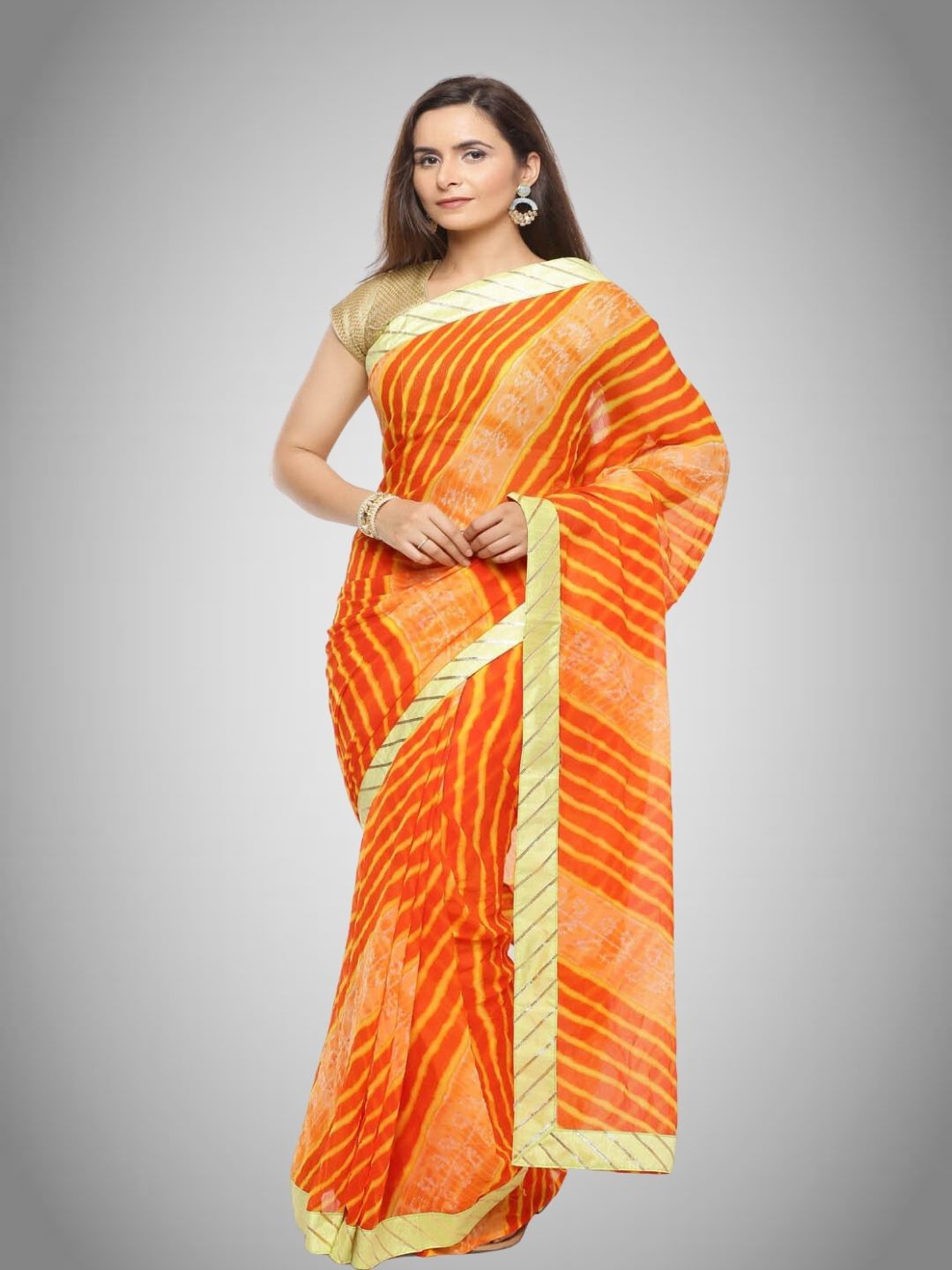 

Geroo Jaipur Leheriya Printed Gotta Patti Saree, Orange