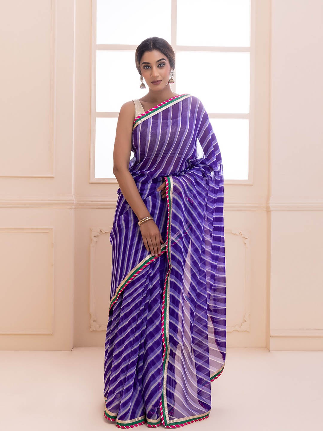 

Geroo Jaipur Leheriya Printed Gotta Patti Pure Georgette Saree, Purple