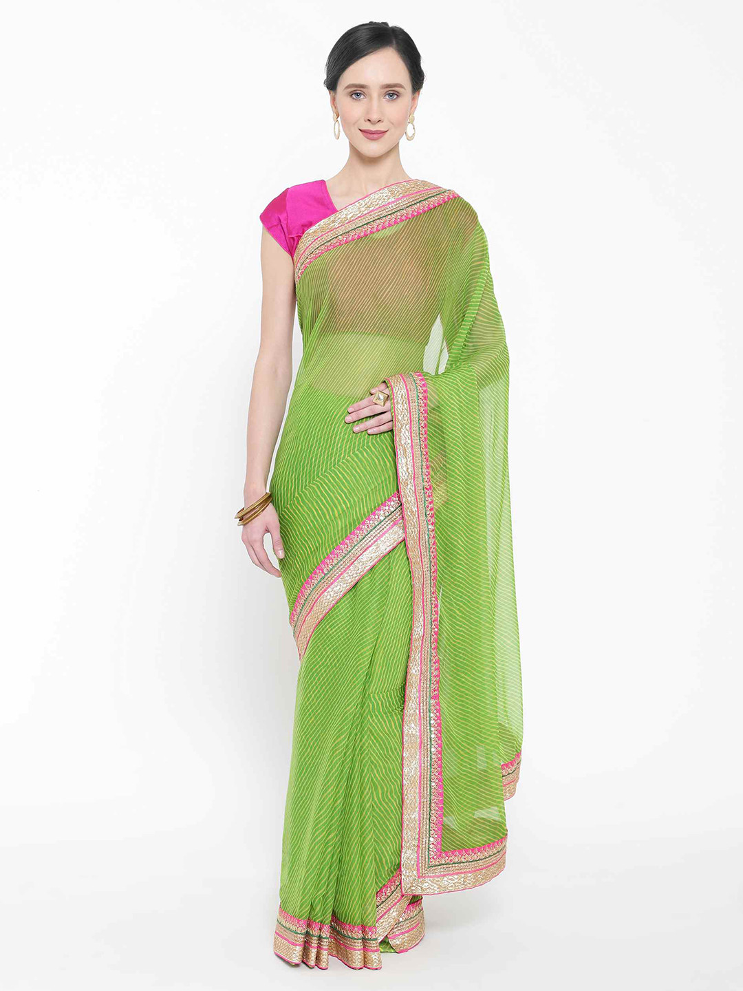 

Geroo Jaipur Striped Leheriya Saree, Green