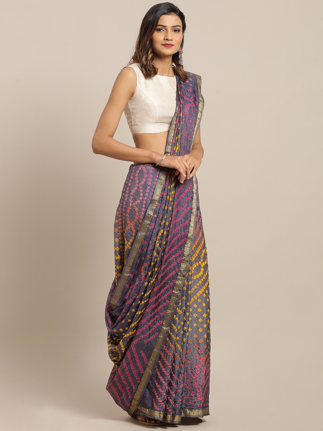 

Geroo Jaipur Bandhani Printed Zari Saree, Grey