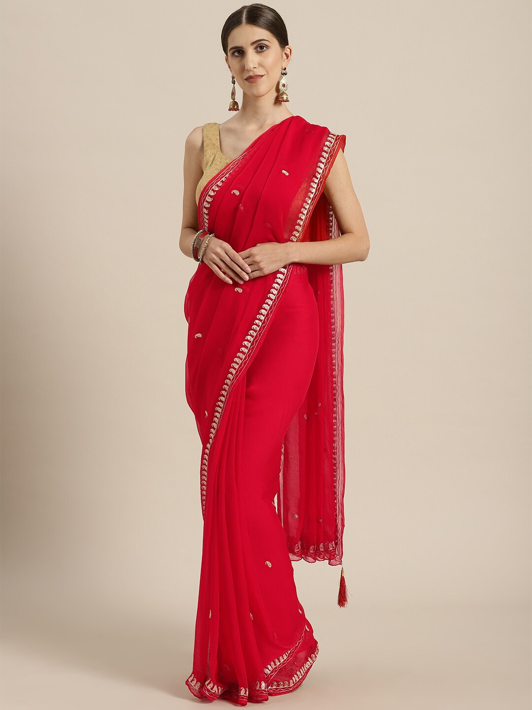 

Geroo Jaipur Paisley Embroidered Saree, Red