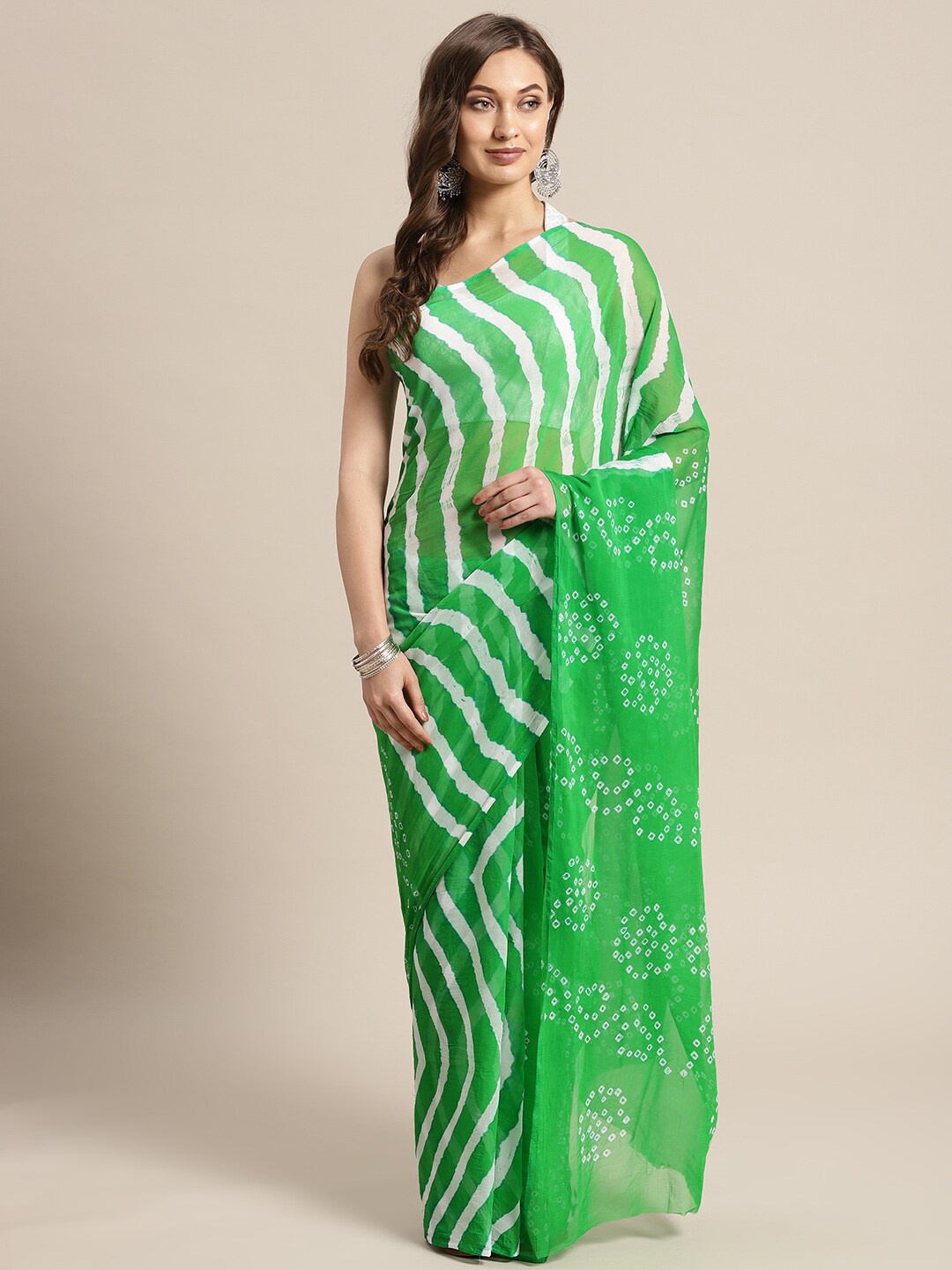 

Geroo Jaipur Leheriya Printed Saree, Green