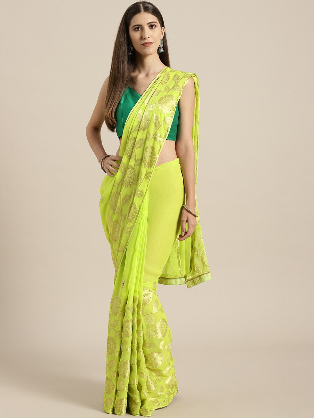 

Geroo Jaipur Floral Woven Design Beads and Stones Banarasi Saree, Lime green