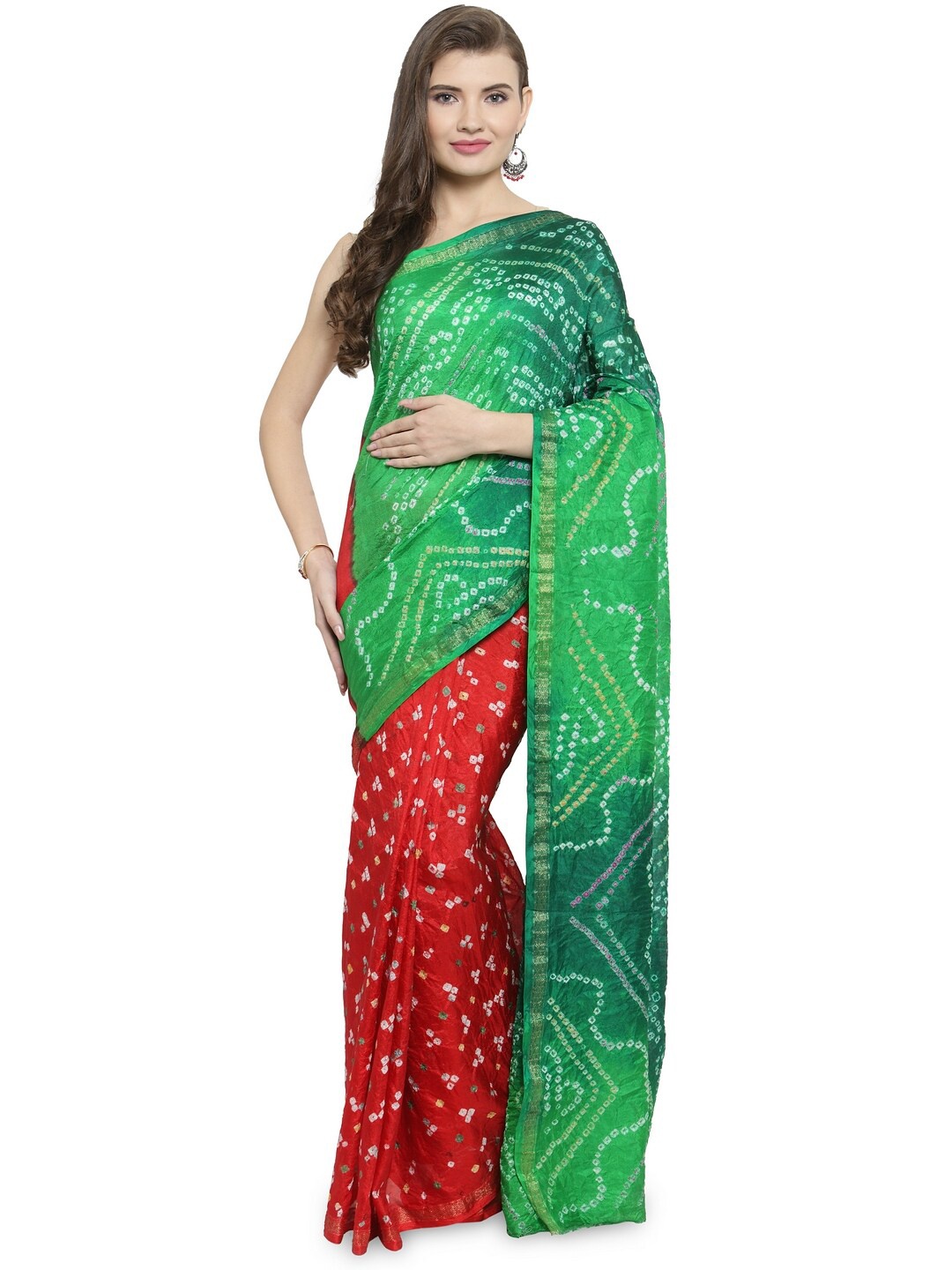 

Geroo Jaipur Bandhani Printed Zari Half and Half Saree, Green