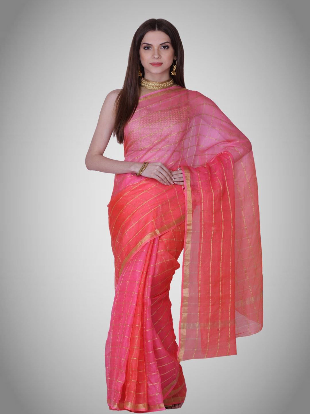 

Geroo Jaipur Checked Zari Pure Silk Kota Saree, Pink