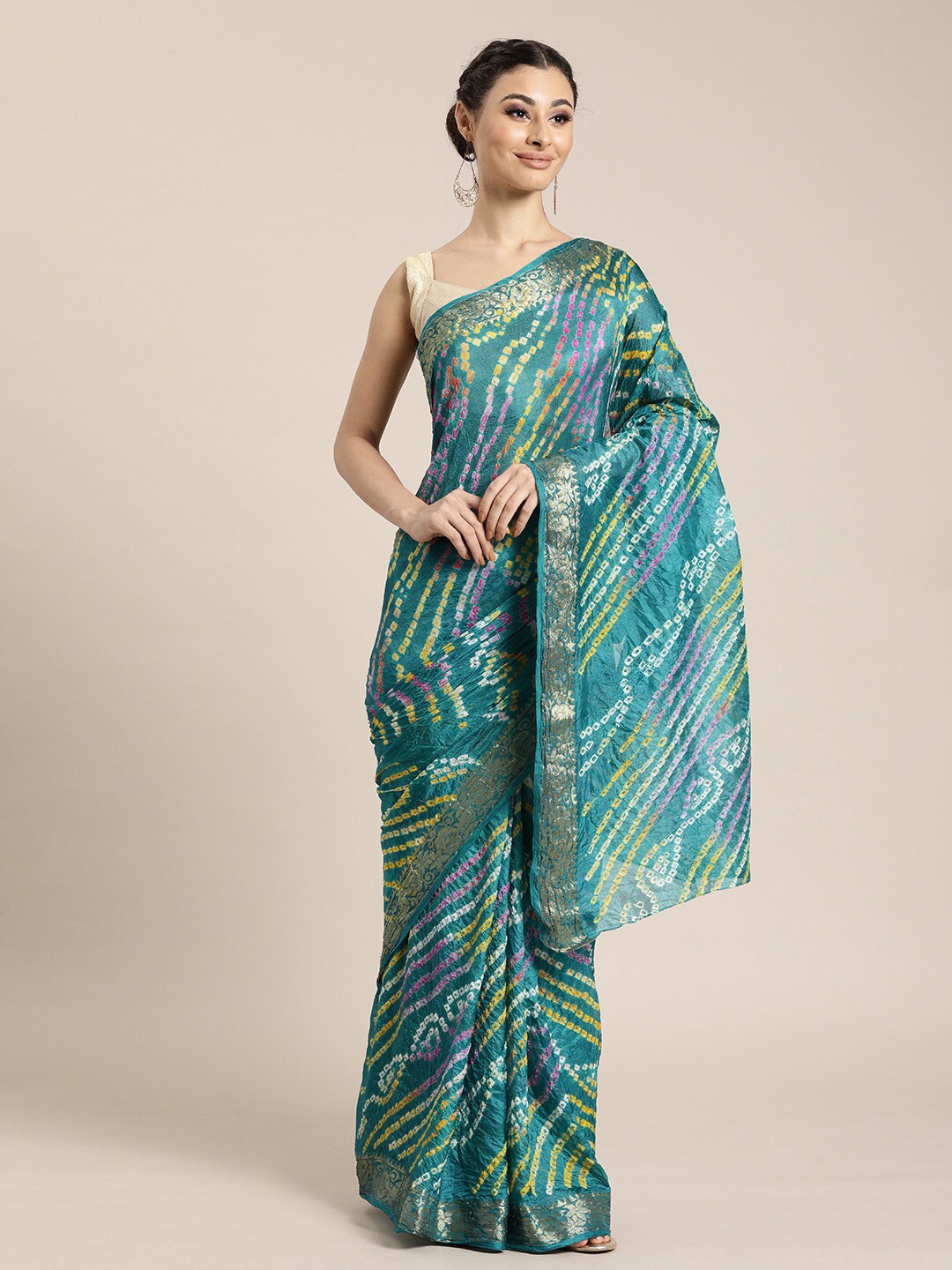 

Geroo Jaipur Zari Art Silk Bandhani Saree, Green