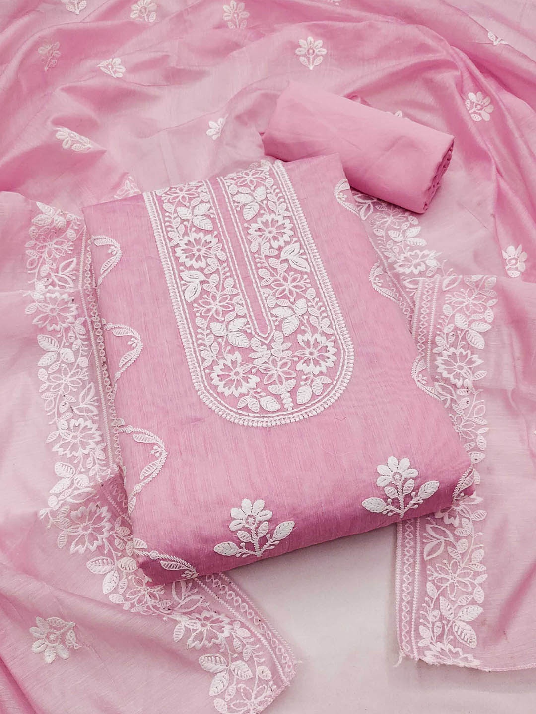 

KALINI Floral Embroidered Unstitched Dress Material, Pink