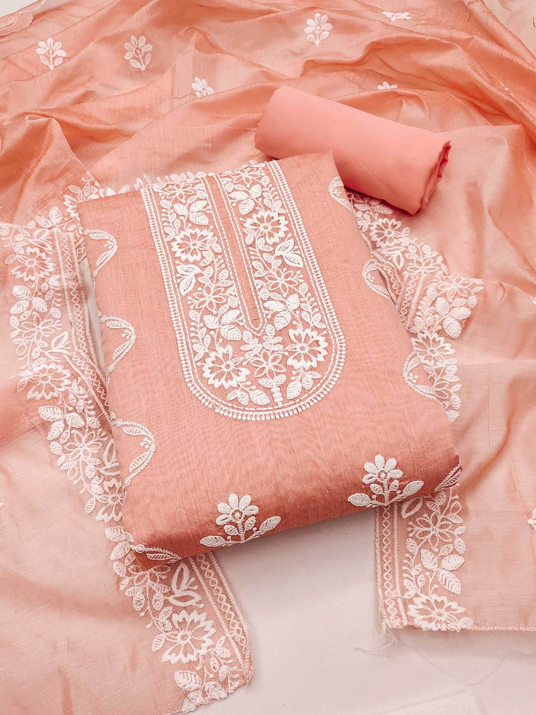 

KALINI Floral Embroidered Unstitched Dress Material, Orange