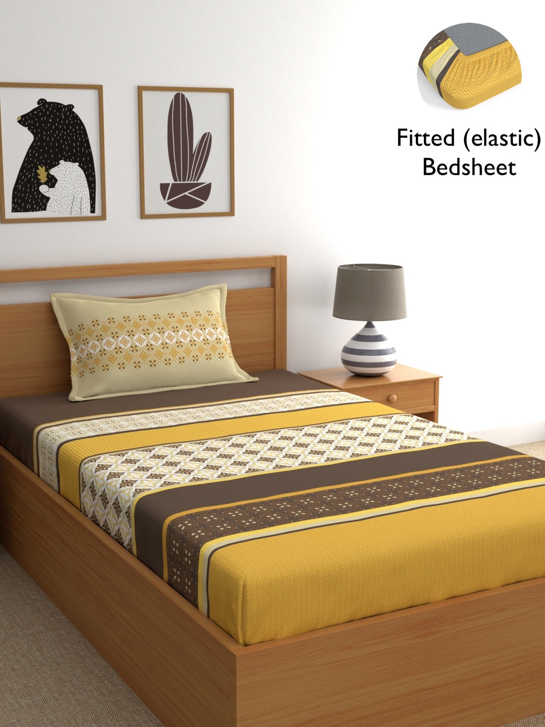 

Home Ecstasy Mustard Yellow & Brown Pure Cotton 140 TC Fitted Single Bedsheet Set