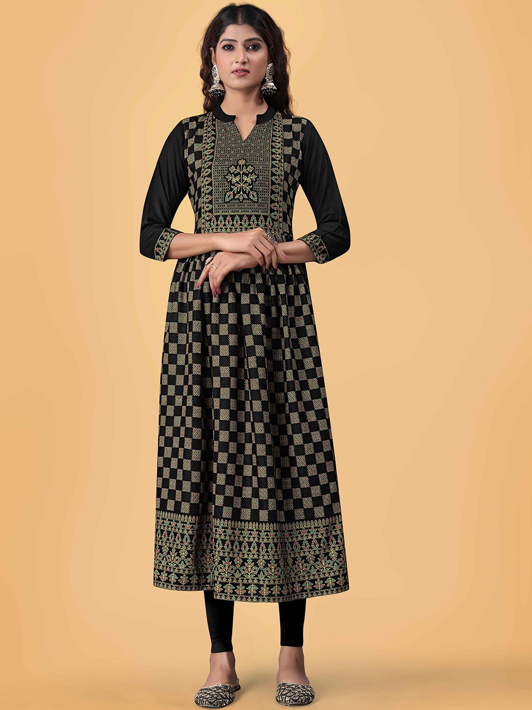 

choiceit Ethnic Motifs Printed Mandarin Collar Zari Cotton Anarkali Kurta, Black