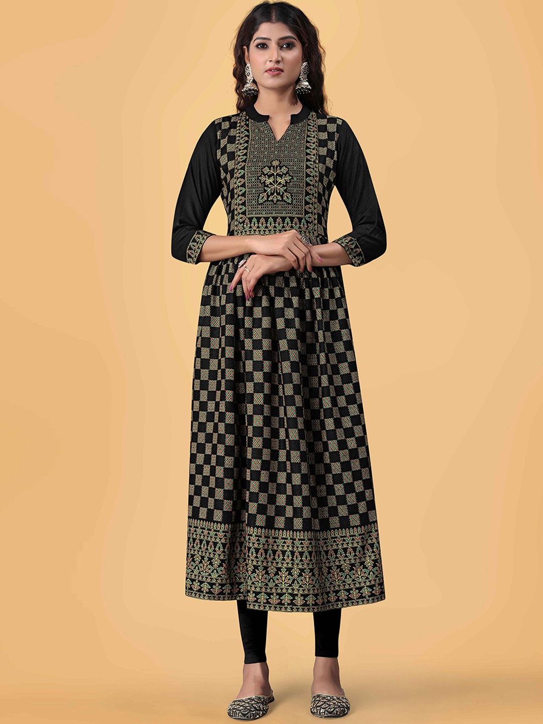 

choiceit Ethnic Motifs Printed Mandarin Collar Pure Cotton Anarkali Kurta, Black