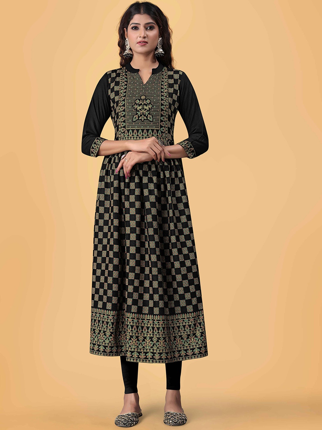 

choiceit Ethnic Motifs Printed Mandarin Collar Pure Cotton Anarkali Kurta, Black