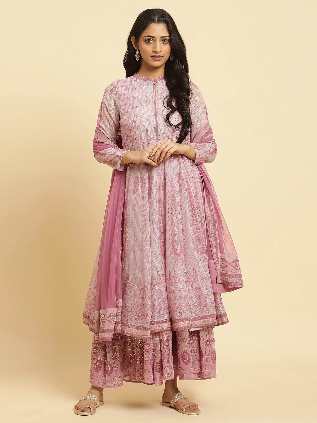 

WISHFUL Printed Fit & Flare Layered Maxi Ethnic Dress With Dupatta, Pink