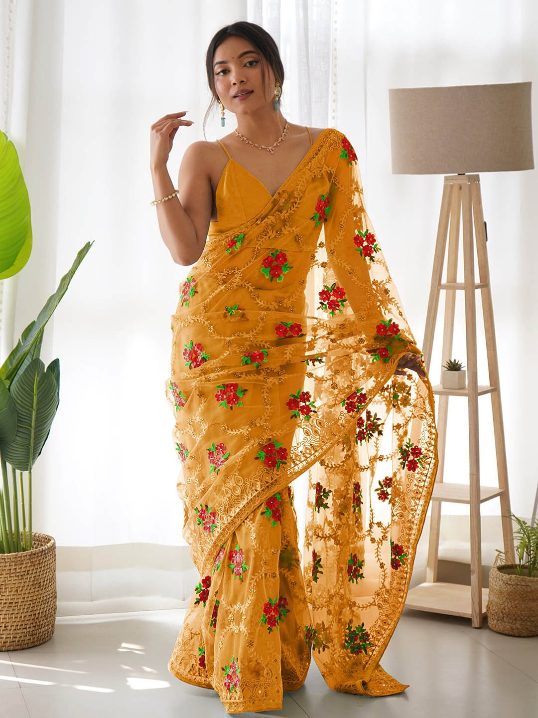 

VEECHIS Floral Embroidered Sheer Organza Saree, Mustard