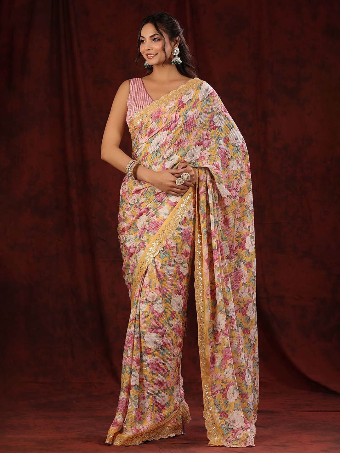 

VEECHIS Floral Printed Sequinned Detail Organza Saree, Yellow