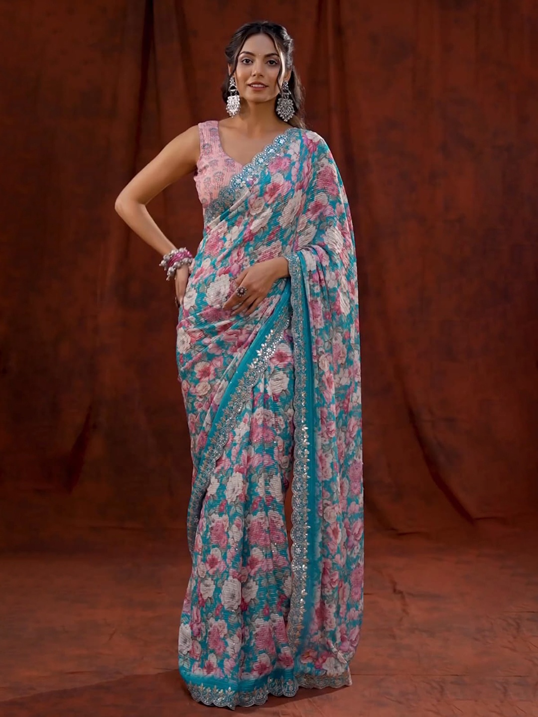 

VEECHIS Floral Printed Embroidered Detail Organza Saree, Blue