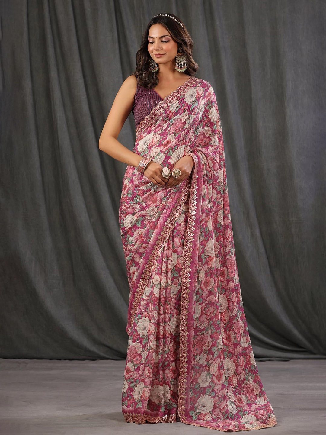 

VEECHIS Floral Printed Embroidered Organza Saree, Pink
