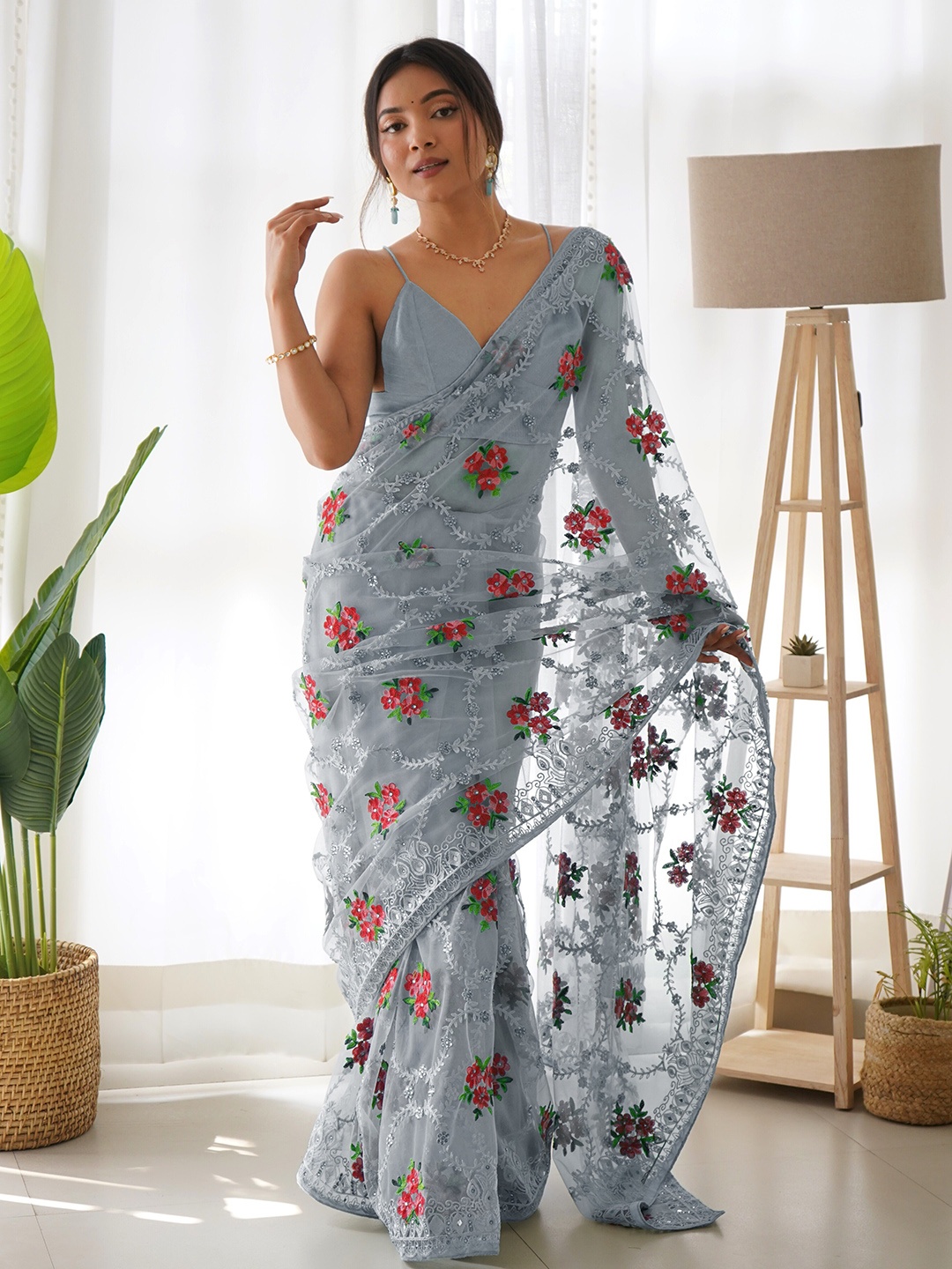 

VEECHIS Floral Embroidered Sequinned Organza Saree, Grey