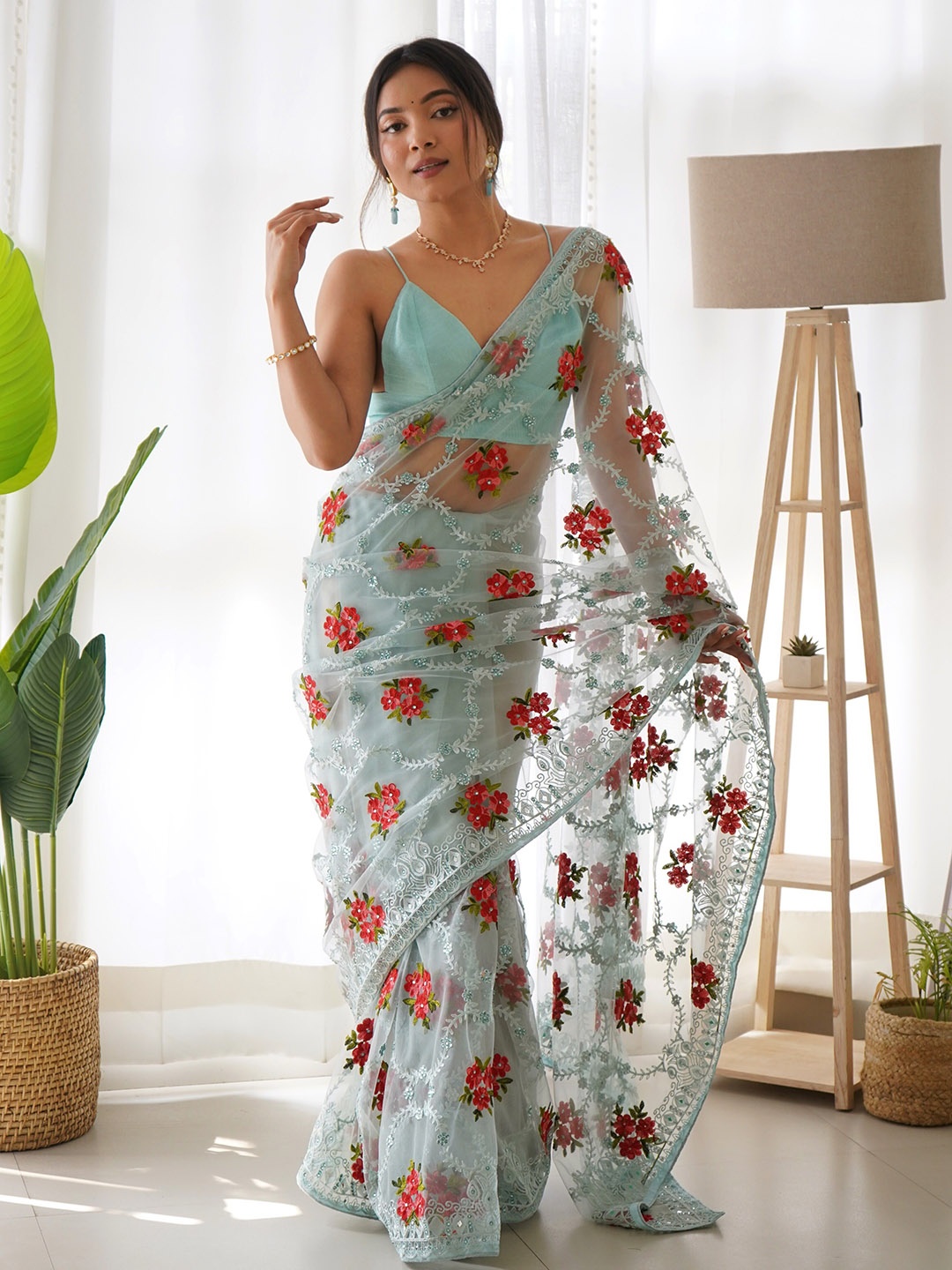 

VEECHIS Floral Embroidered Sequinned Organza Saree, Blue