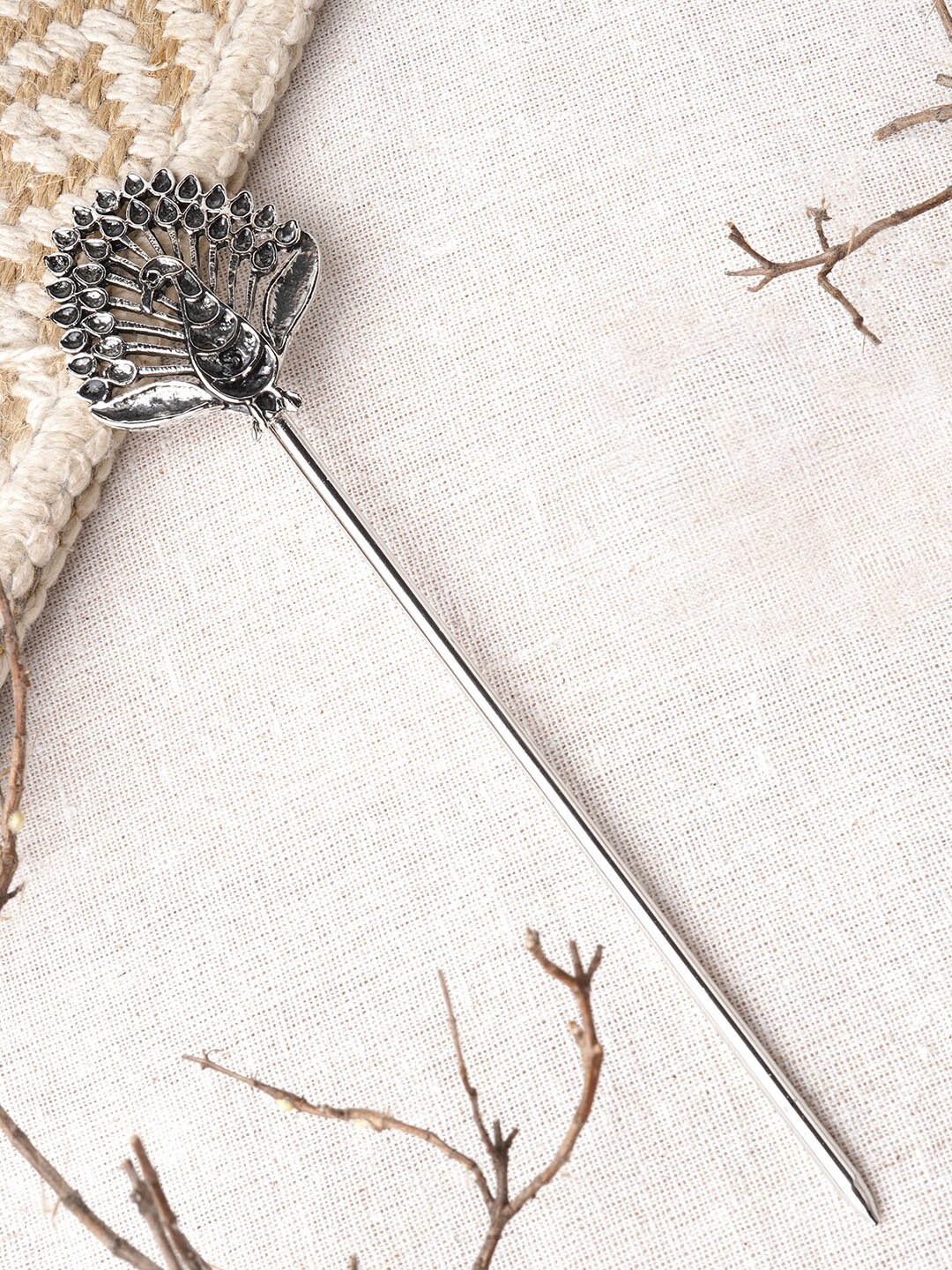 

TEEJH Morya Oxidised Peacock Juda Hairstick, Silver