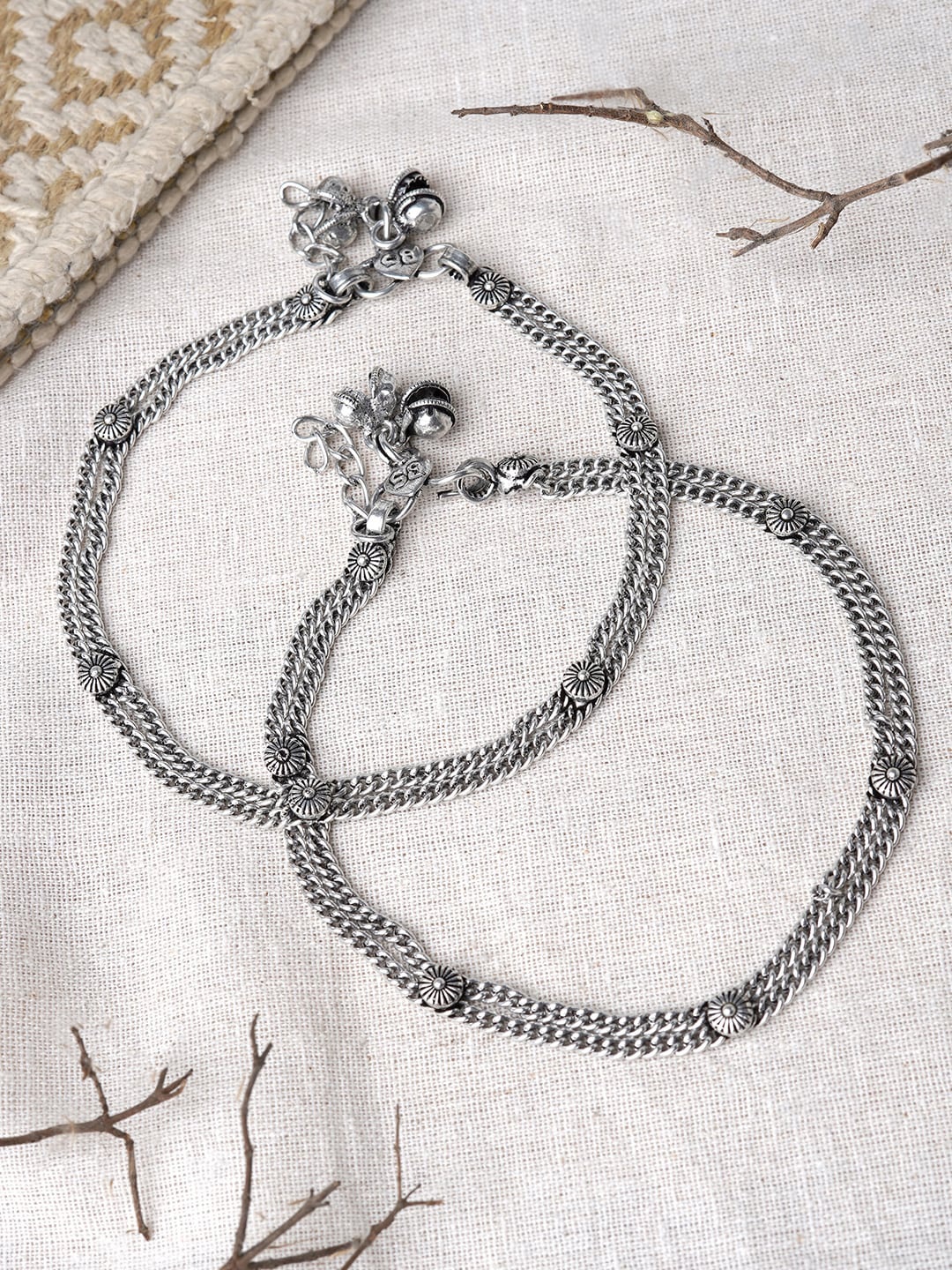 

TEEJH Silver-Plated Studded Oxidised Anklets