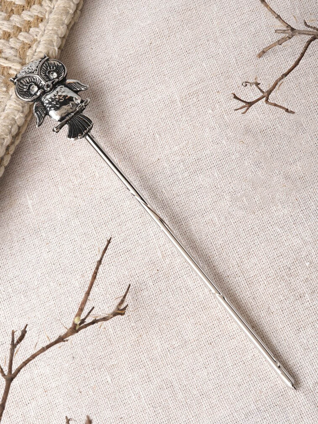 

TEEJH Bundi Oxidised Owl Juda Hairstick, Silver
