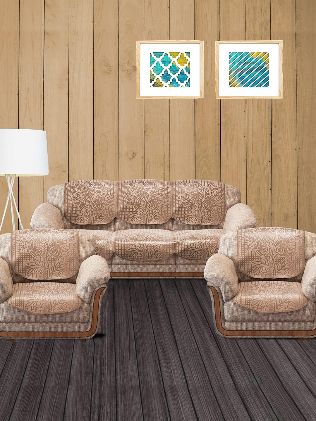 

Cloth Fusion Peach-Colored 10 Pieces Floral-Printed 5-Seater Sofa Covers