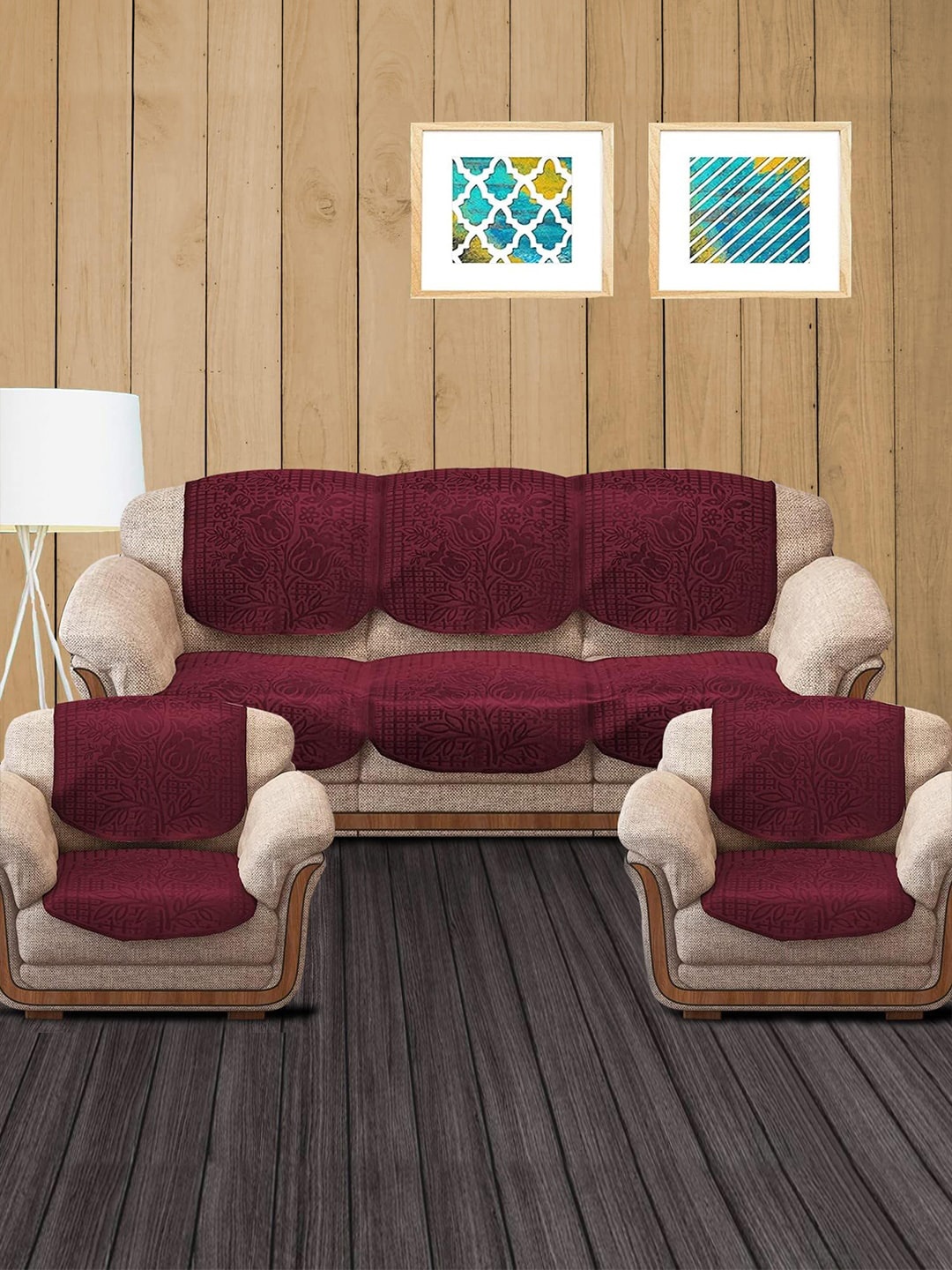 

Cloth Fusion Maroon 10 Pieces Floral-Printed 5-Seater Sofa Covers