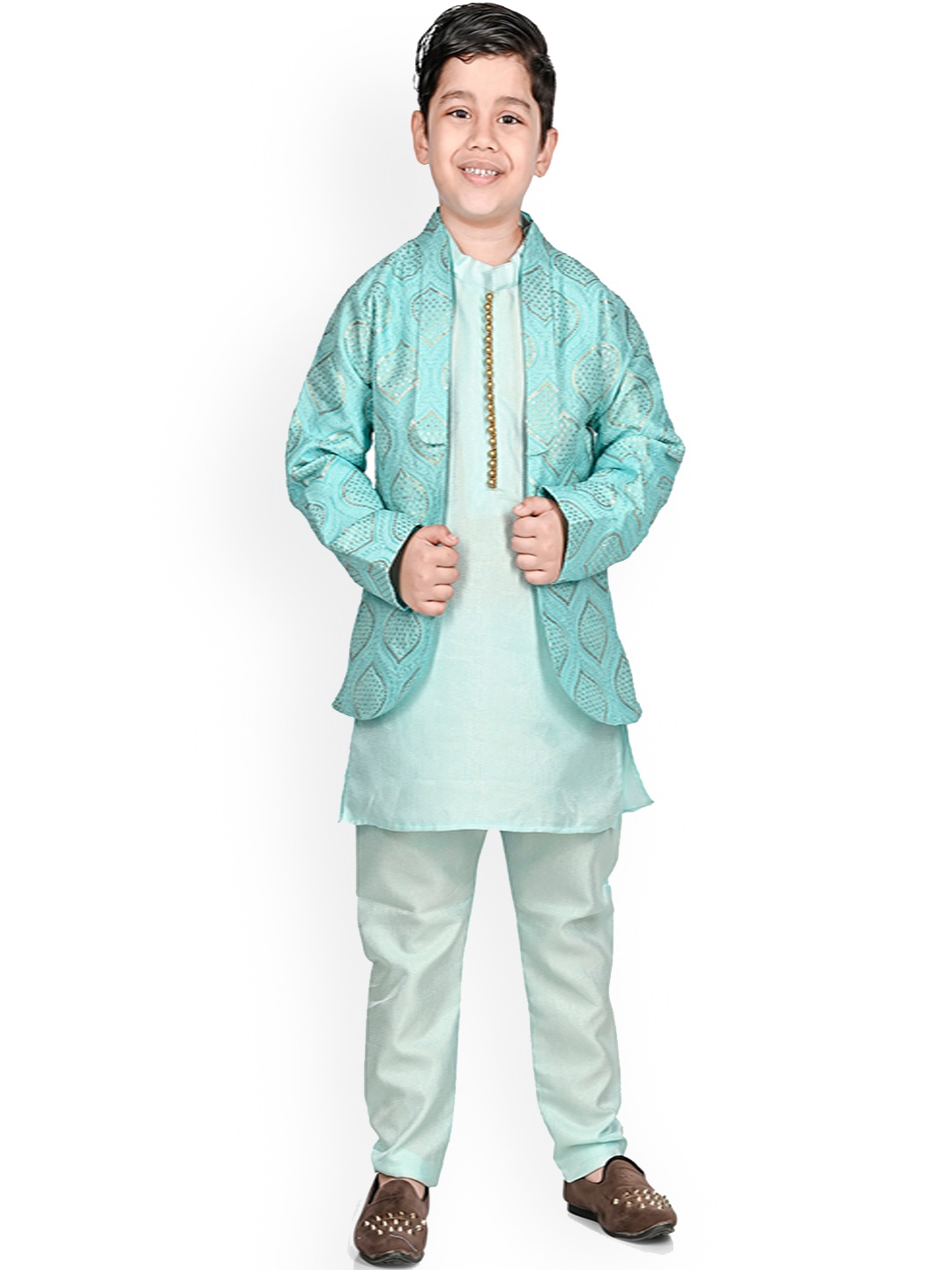 

BAESD Boys Mandarin Collar Silk Sherwani With Pyjama & Coat, Turquoise blue